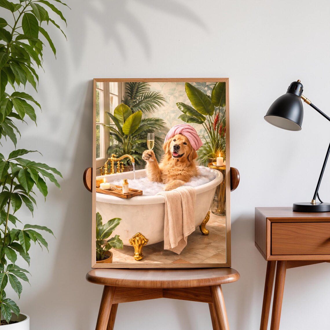 Golden Retriever Bubble Bath Spa Dog Champagne Luxury Bathroom Poster