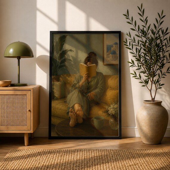 Woman Reading Cozy Green Pajamas Warm Sunlit Book Lover Art Poster