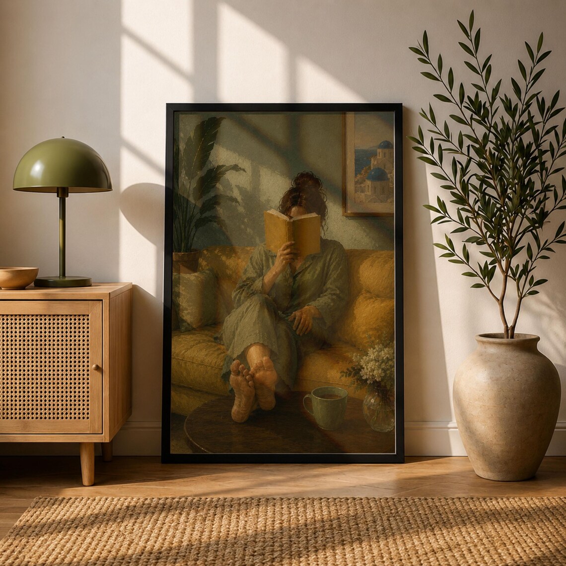 Woman Reading Cozy Green Pajamas Warm Sunlit Book Lover Art Poster
