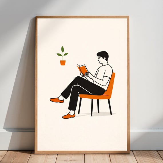 Minimalist Reader Illustration Print Modern Book Lover Wall Art Calm Decor