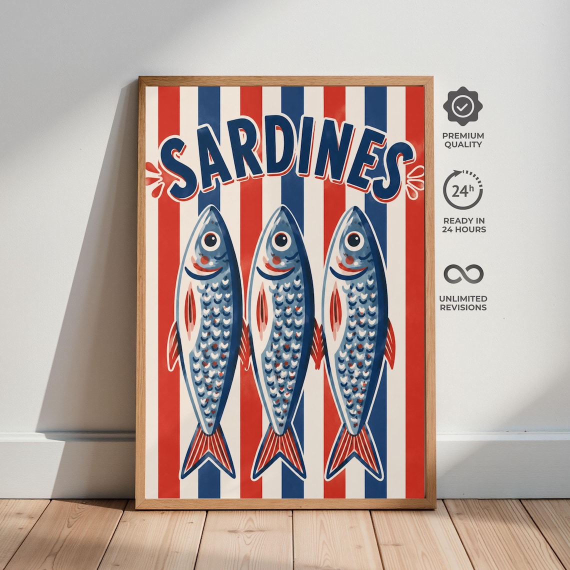 Sardines Stripe Poster, Vintage Seafood Kitchen Art