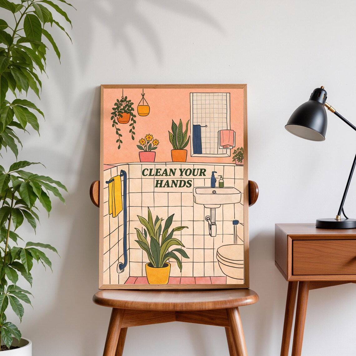 Clean Your Hands Bathroom Poster Retro Illustrated Sink Tile Wall Decor
