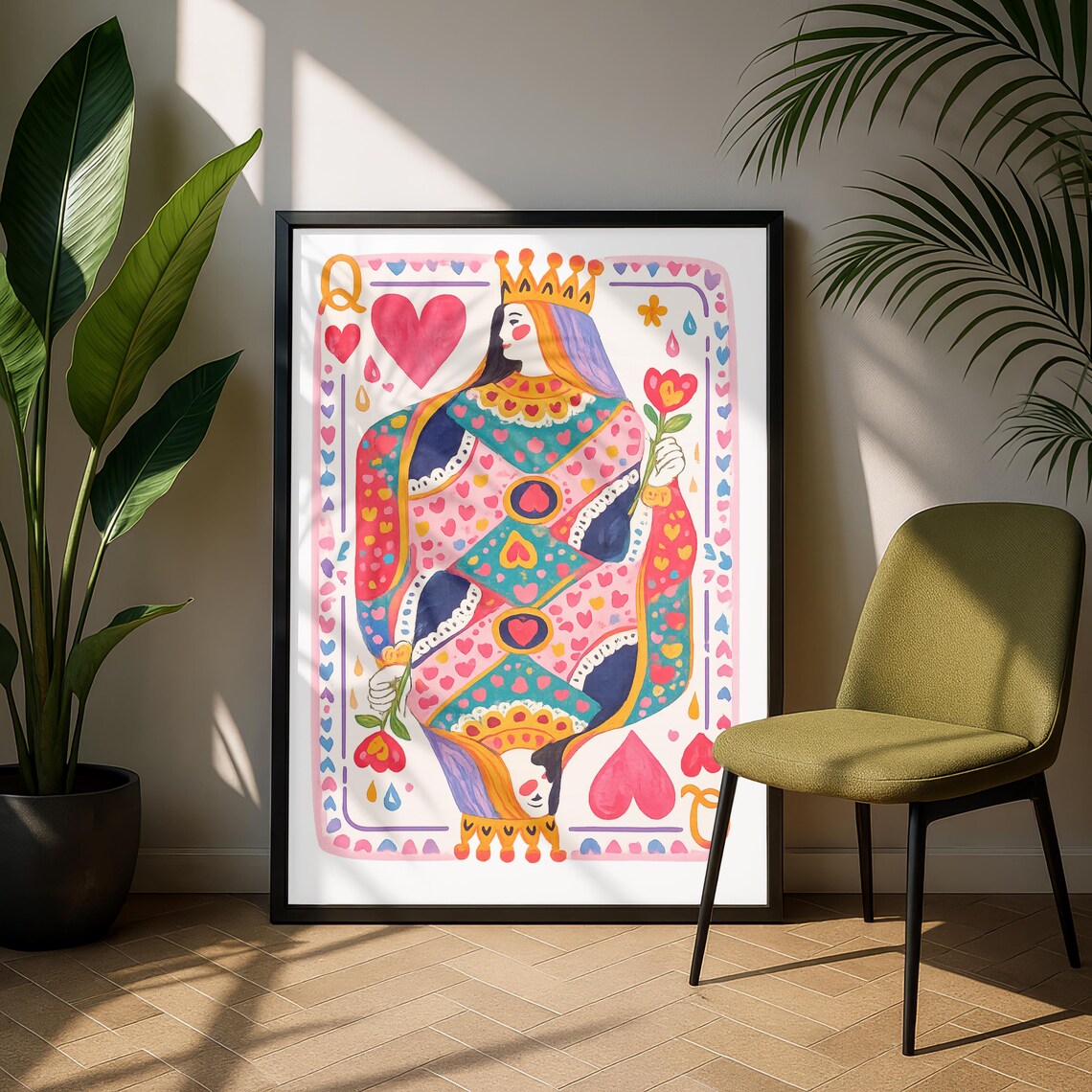 Queen Of Hearts Colorful Maximalist Playing Card Retro Art Poster