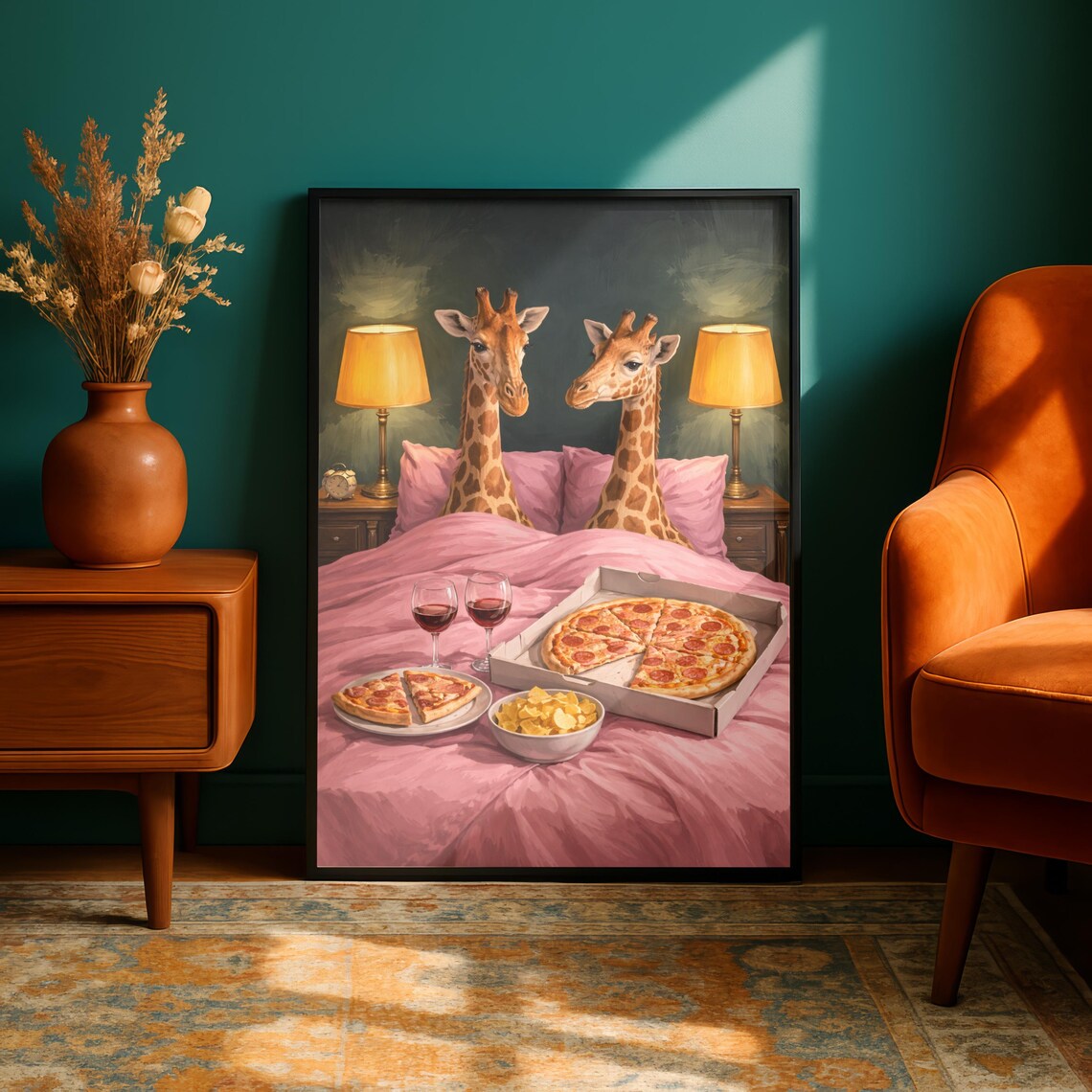 Giraffe Couple Bed Poster, Whimsical Animal Art Print