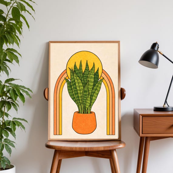 Snake Plant Rainbow Poster Boho Botanical Wall Art Retro Illustration Minimalist Home Decor