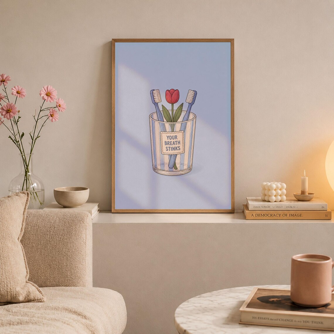 Funny Your Breath Stinks Toothbrushes Tulip Blue Bathroom Sign Poster