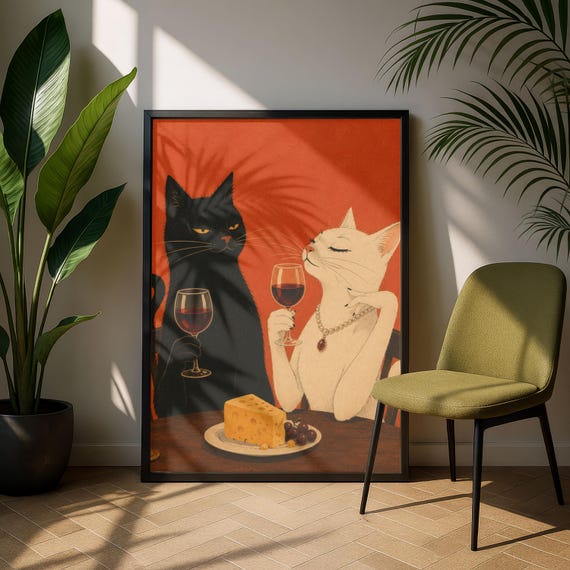 Funny Cat Wine Wall Art Retro Dining Poster Whimsical Animal Dinner Print