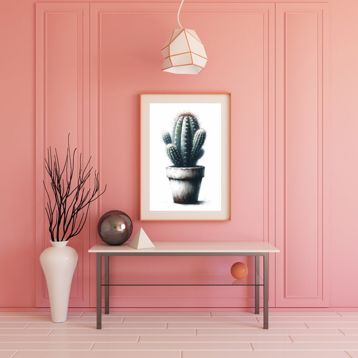 Tall Cactus Weathered Pot Cool Watercolor Minimalist Botanical Poster - Image 3
