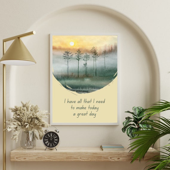Sunrise Serenity Poster Watercolor Landscape With Inspirational Quote Mindful Art For Daily Positivity Dawn Scenery