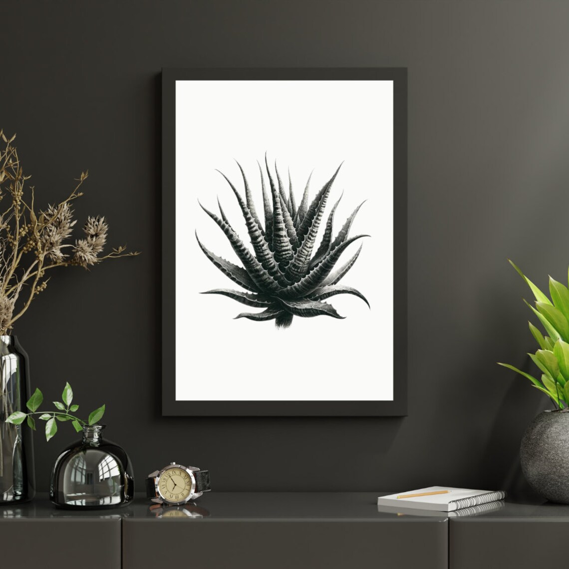 Ink Essence Aloe, Dramatic Monochrome Interior Art - Image 5