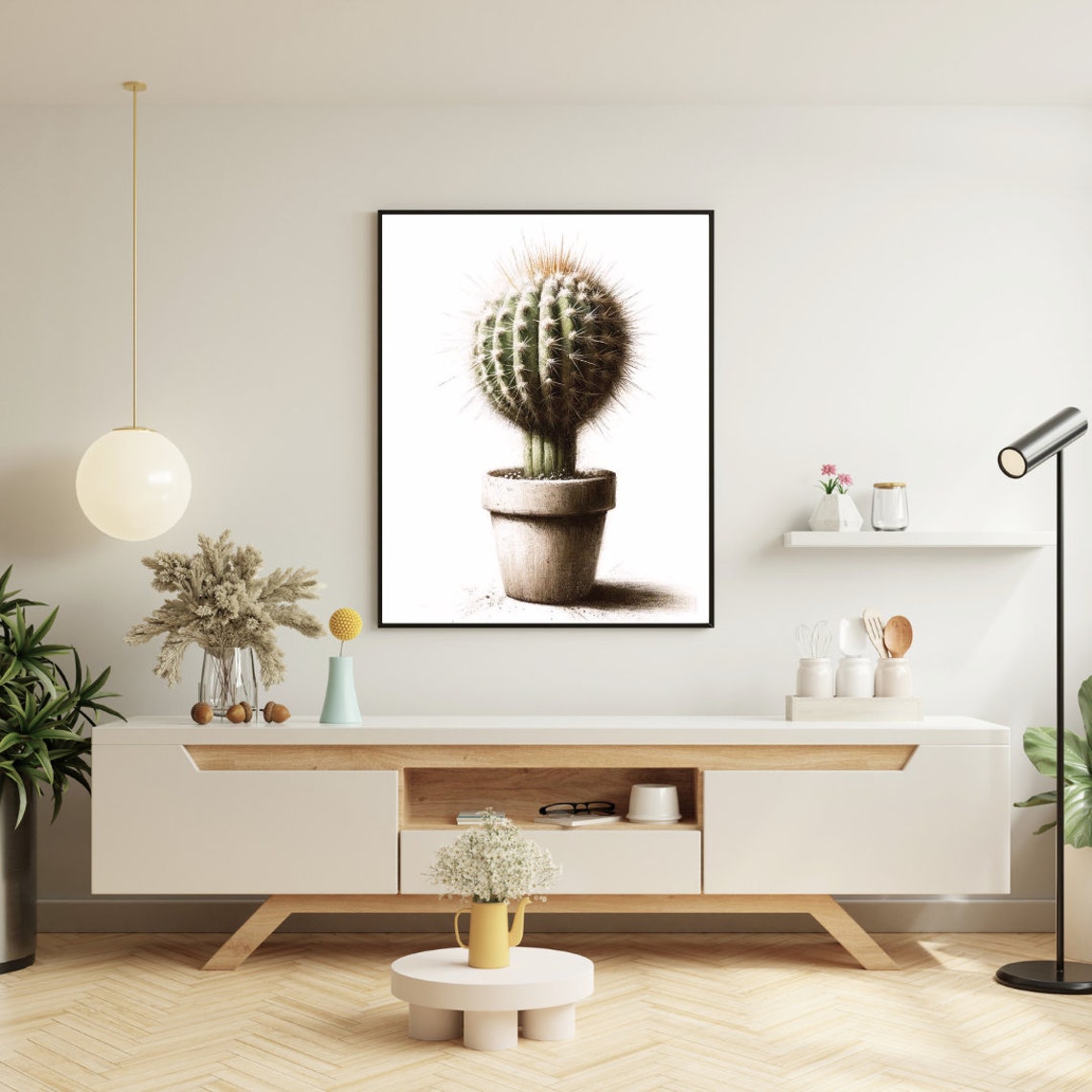 Small Barrel Cactus Stone Pot Minimalist Desert Watercolor Poster - Image 4