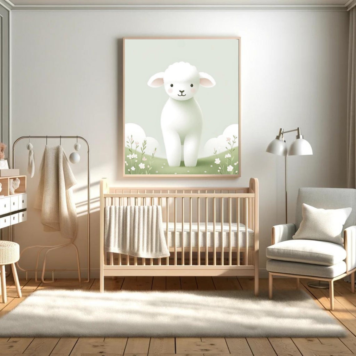 Fluffy White Lamb Flower Meadow Soft Pastel Nursery Wall Poster