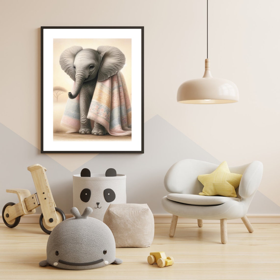 Baby Elephant Wrapped In Pastel Blanket Savanna Nursery Poster - Image 4