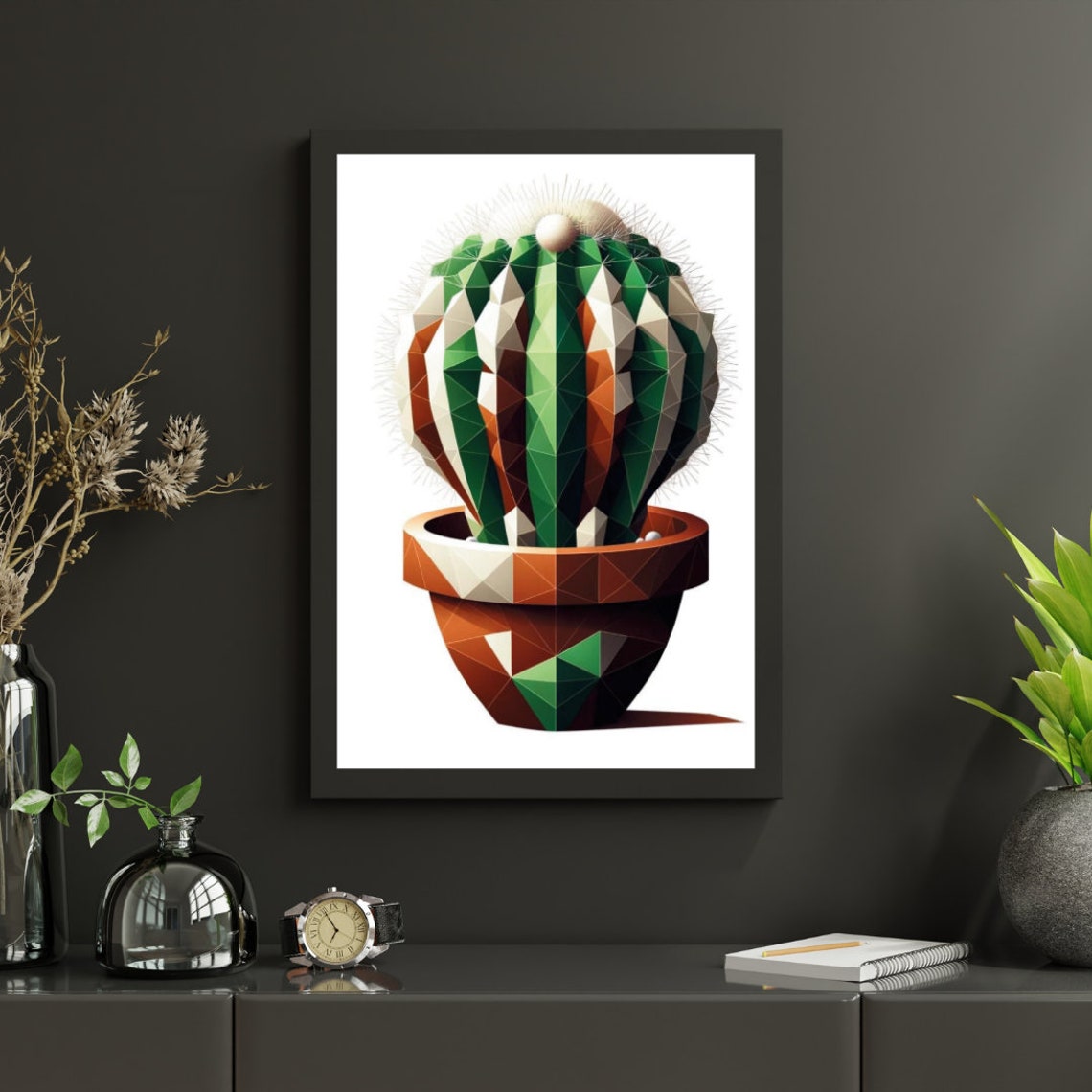 Modern Geometric Cactus Art Print Abstract Polygonal Succulent In Terracotta Pot Dynamic And Bold Decor Piece