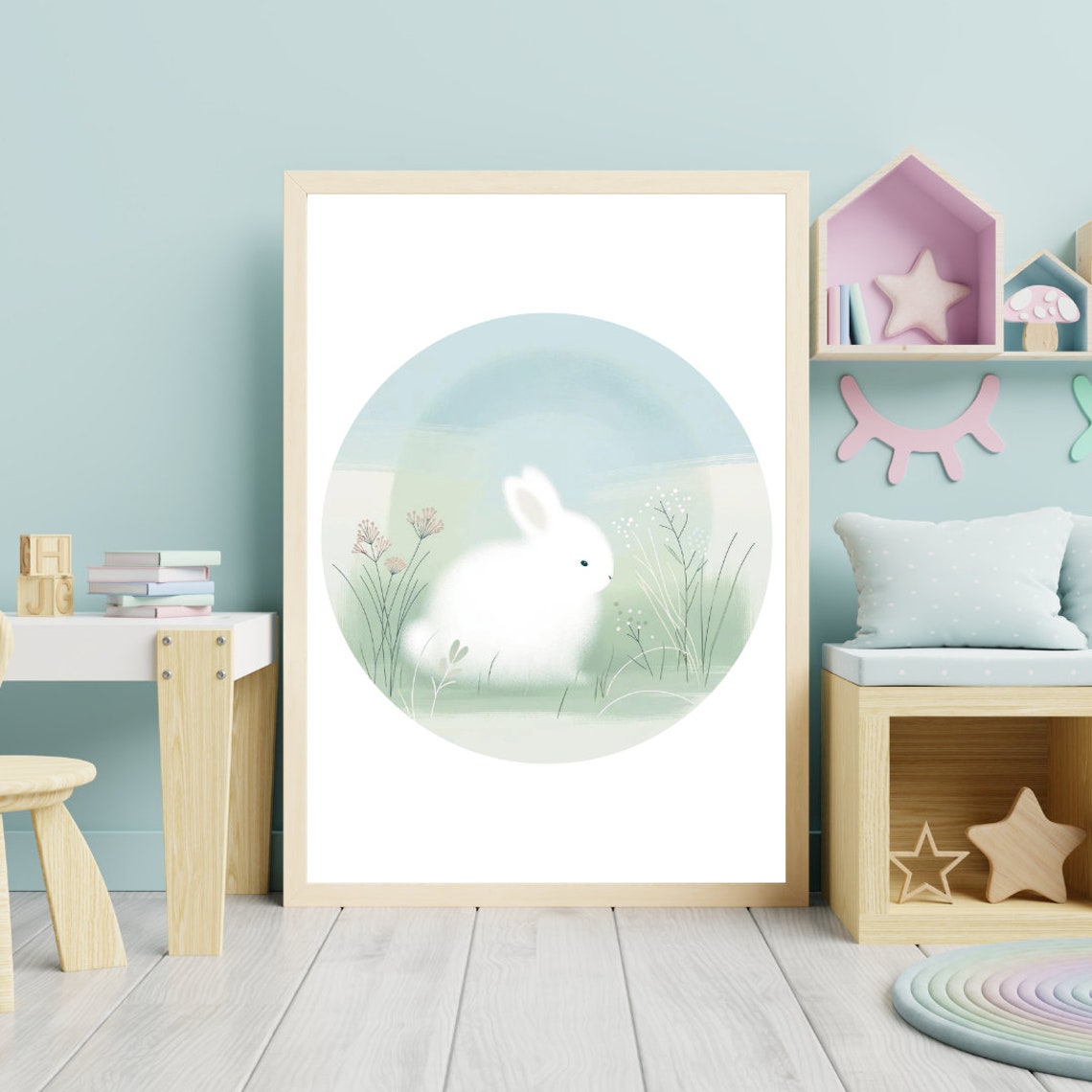 Fluffy White Bunny Meadow Soft Pastel Blue Nursery Rabbit Wall Art - Image 2