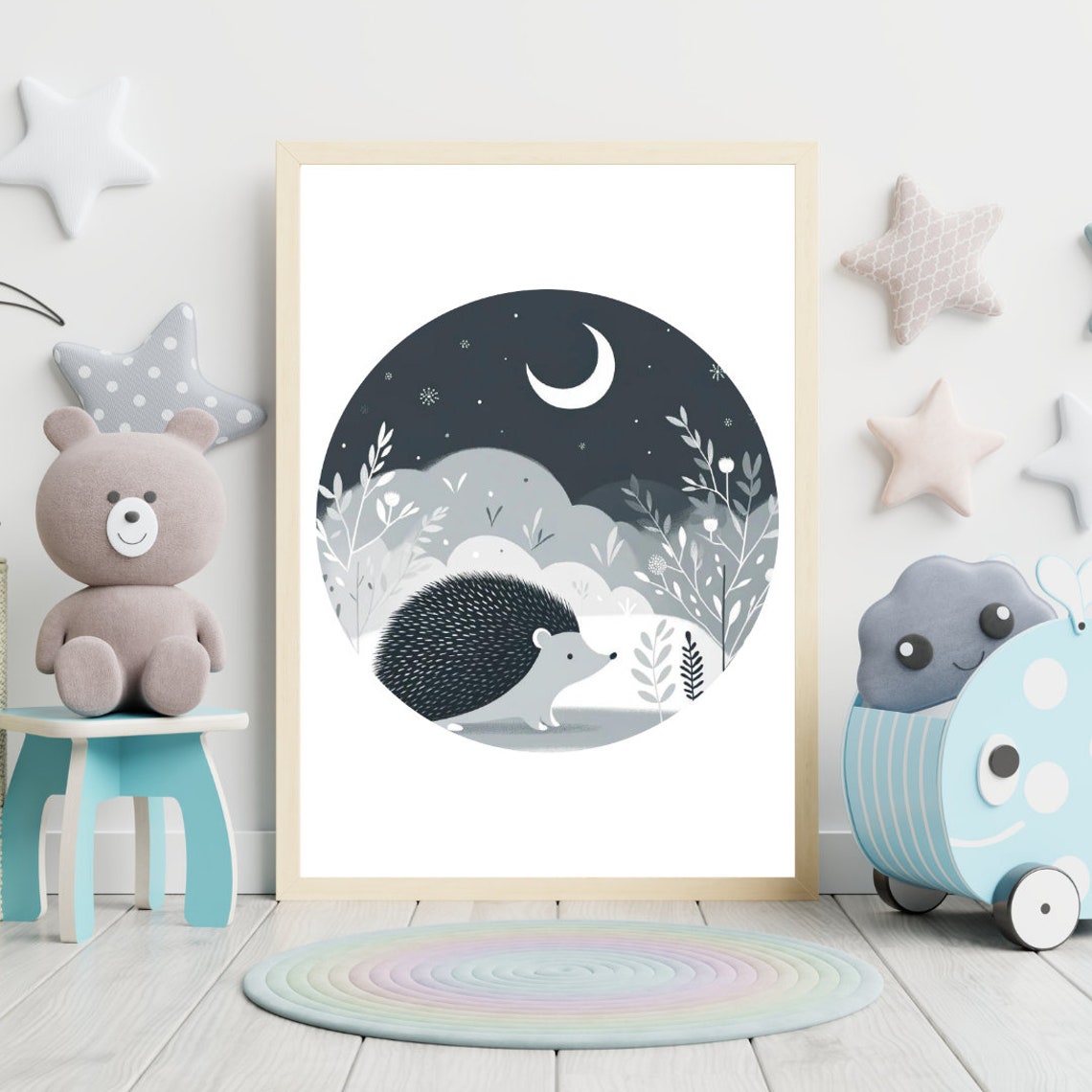 Hedgehog Moonlight Forest Circular Night Kids Nursery Poster - Image 2