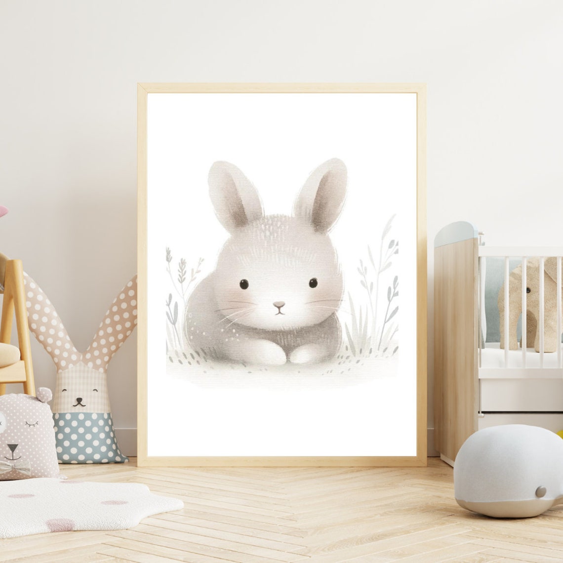 Cozy Gray Bunny Soft Grass Watercolor Cute Nursery Art Poster - Image 2