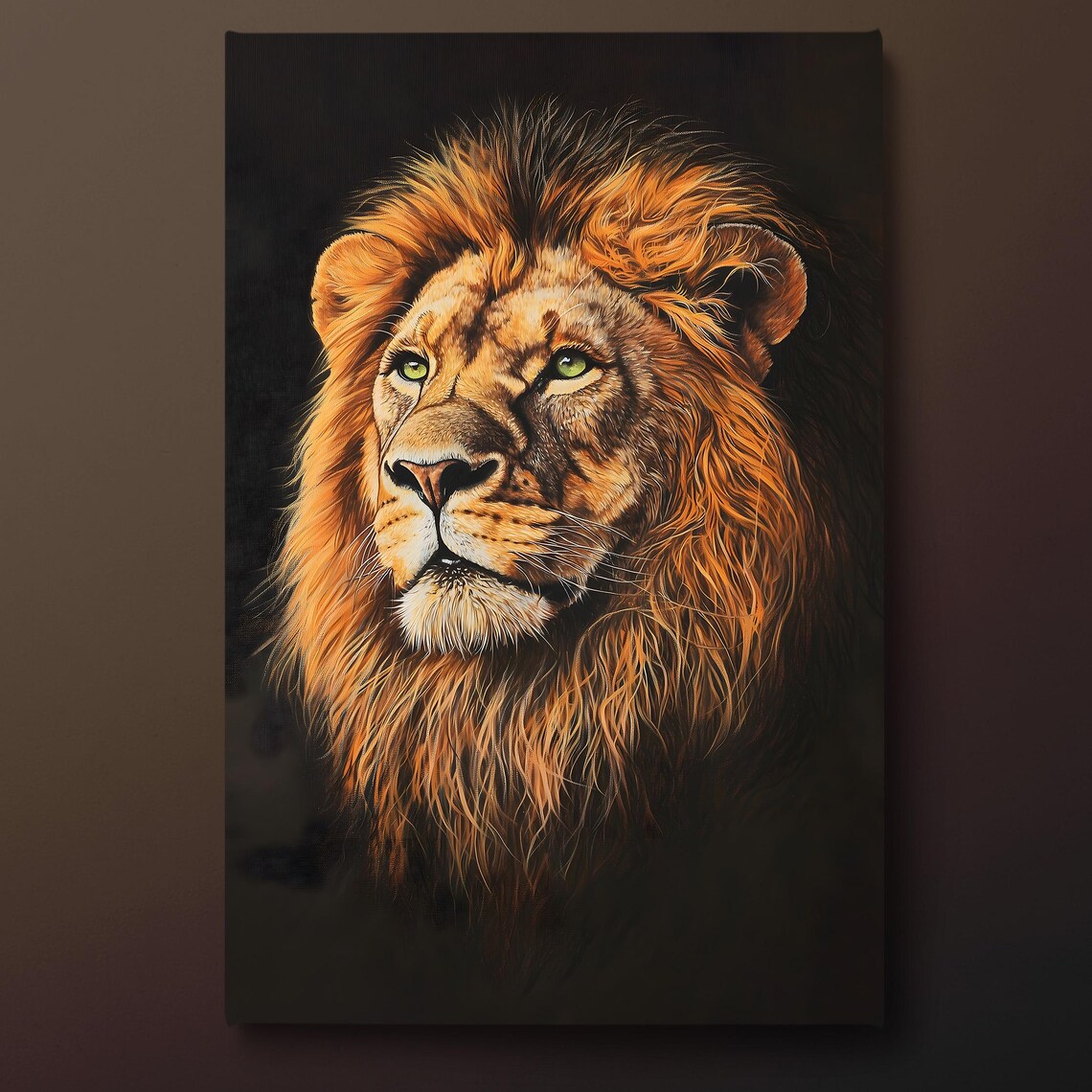 Majestic Male Lion Portrait Orange Mane Green Eyes Wildlife Art Poster
