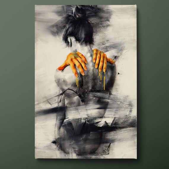 Abstract Woman Wall Art Female Body Print Orange Black Abstract Girl Painting Ready To Hang