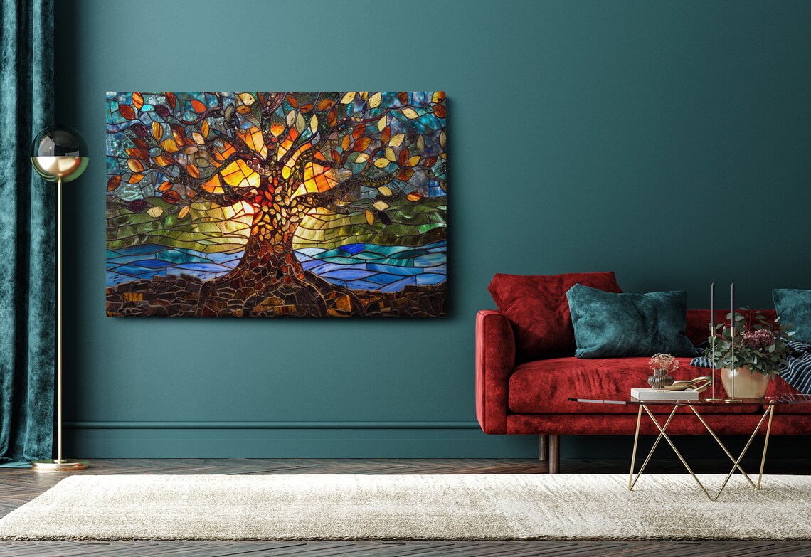 Stained Glass Tree Of Life Autumn Leaves Lakeside Mosaic Art Poster - Image 3