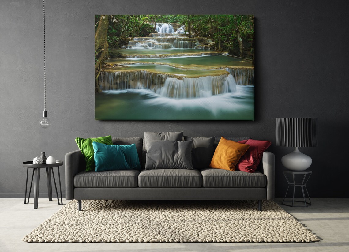 Forest And Waterfall Wall Art River Print Spring Waterfall Painting Ready To Hang - Image 2
