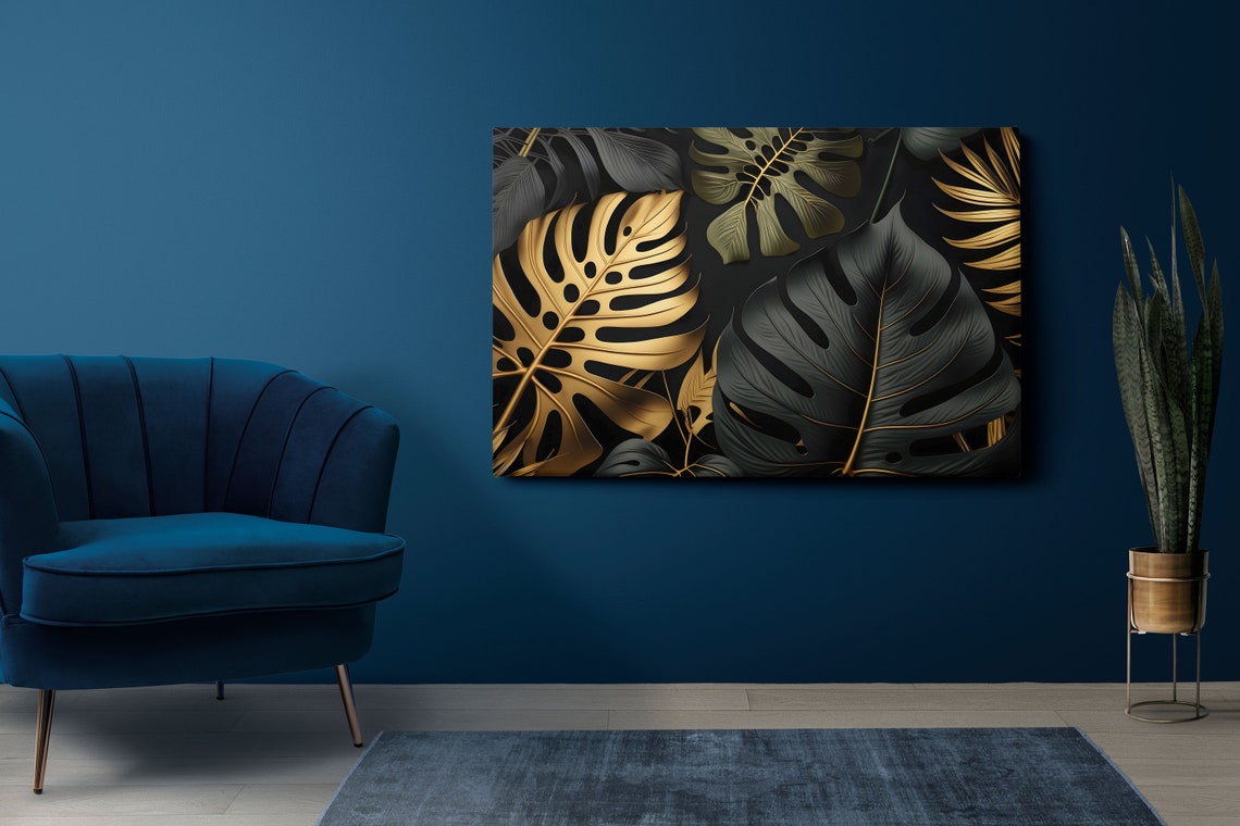 Gold And Black Monstera Leaves On Dark Luxury Botanical Art Poster - Image 3