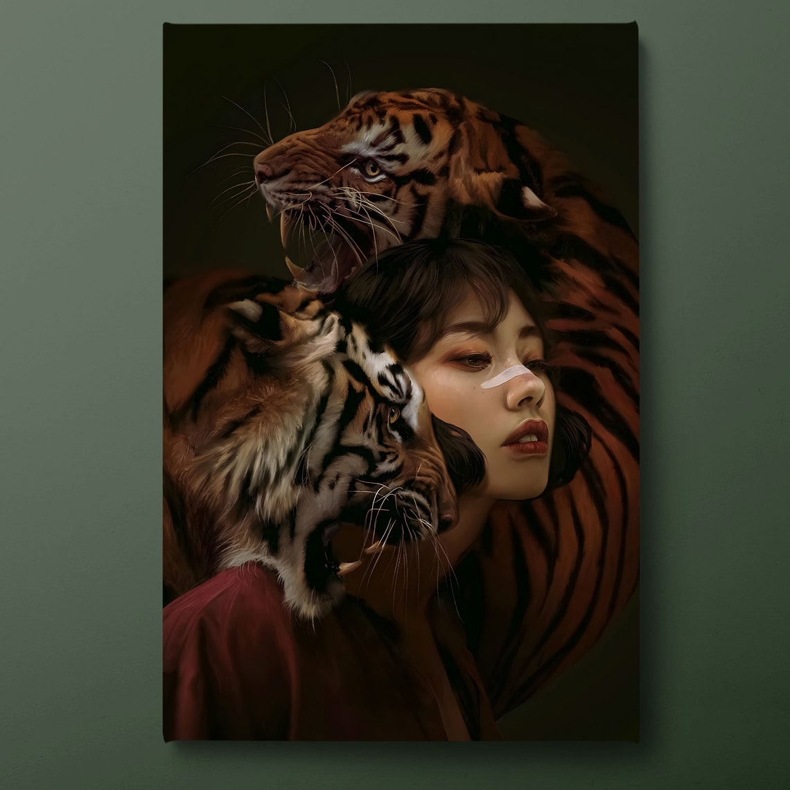 Woman Embraced By Two Tigers Dark Dramatic Portrait Art Print Poster