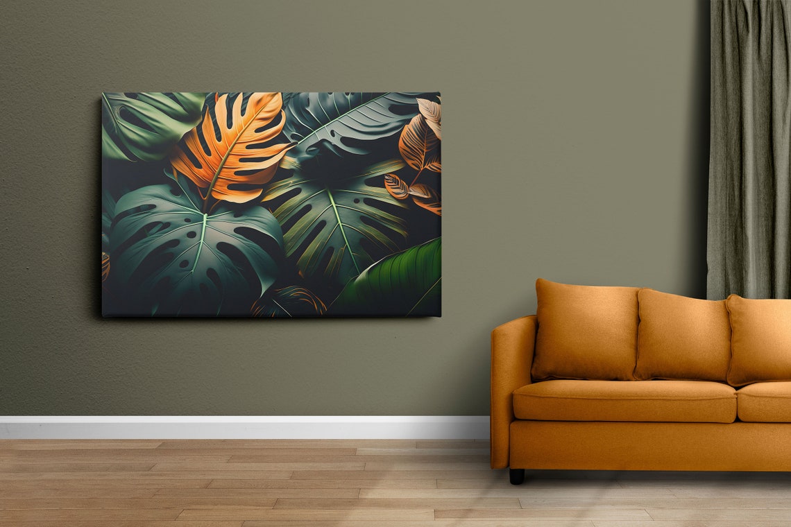 Dark Green Monstera Leaves With Orange Accent Botanical Art Poster - Image 3