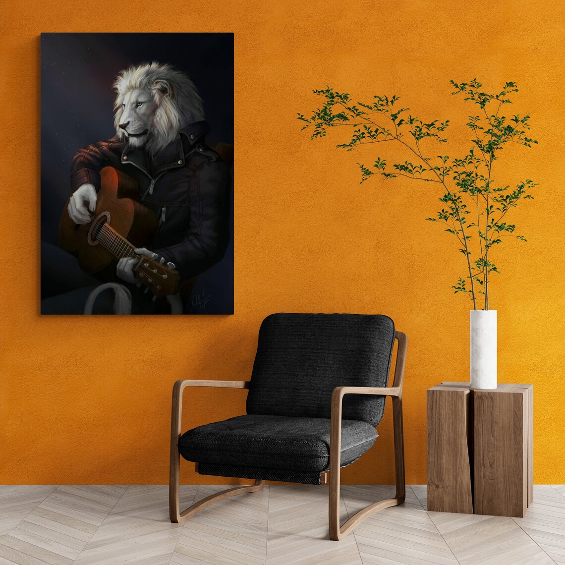 White Lion Playing Acoustic Guitar Wearing Leather Jacket Music Art Poster - Image 2
