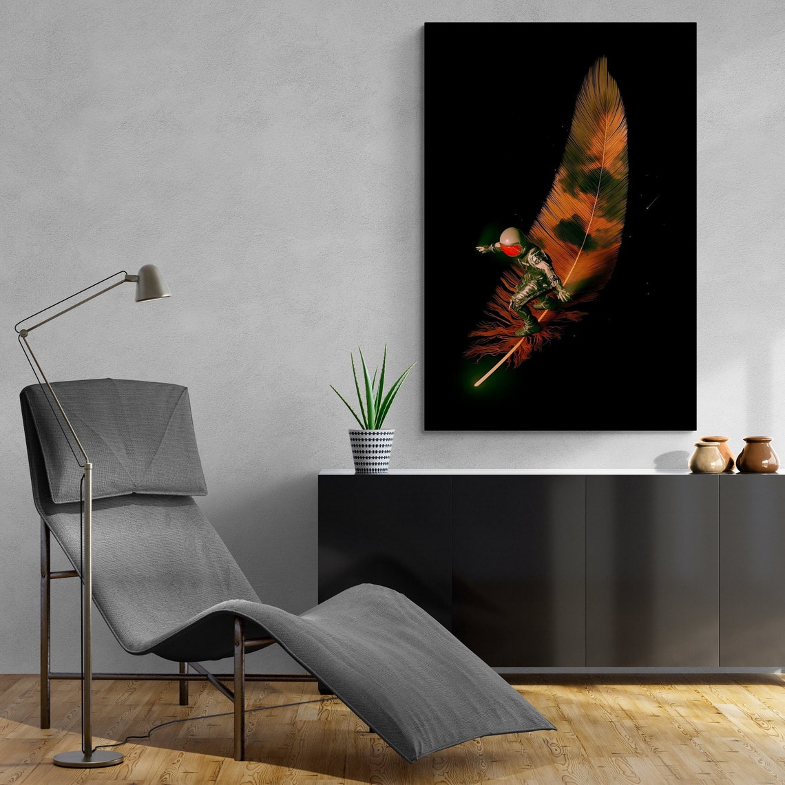 Surfing Astronaut Wall Art Nasa Astronaut Print Orange Black Surreal Painting Ready To Hang - Image 2