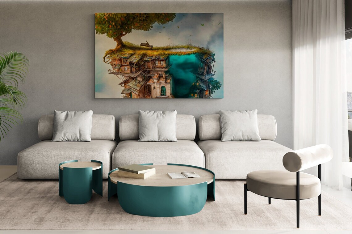 Surreal Floating Island Village Grand Piano Autumn Tree Fantasy Poster - Image 2
