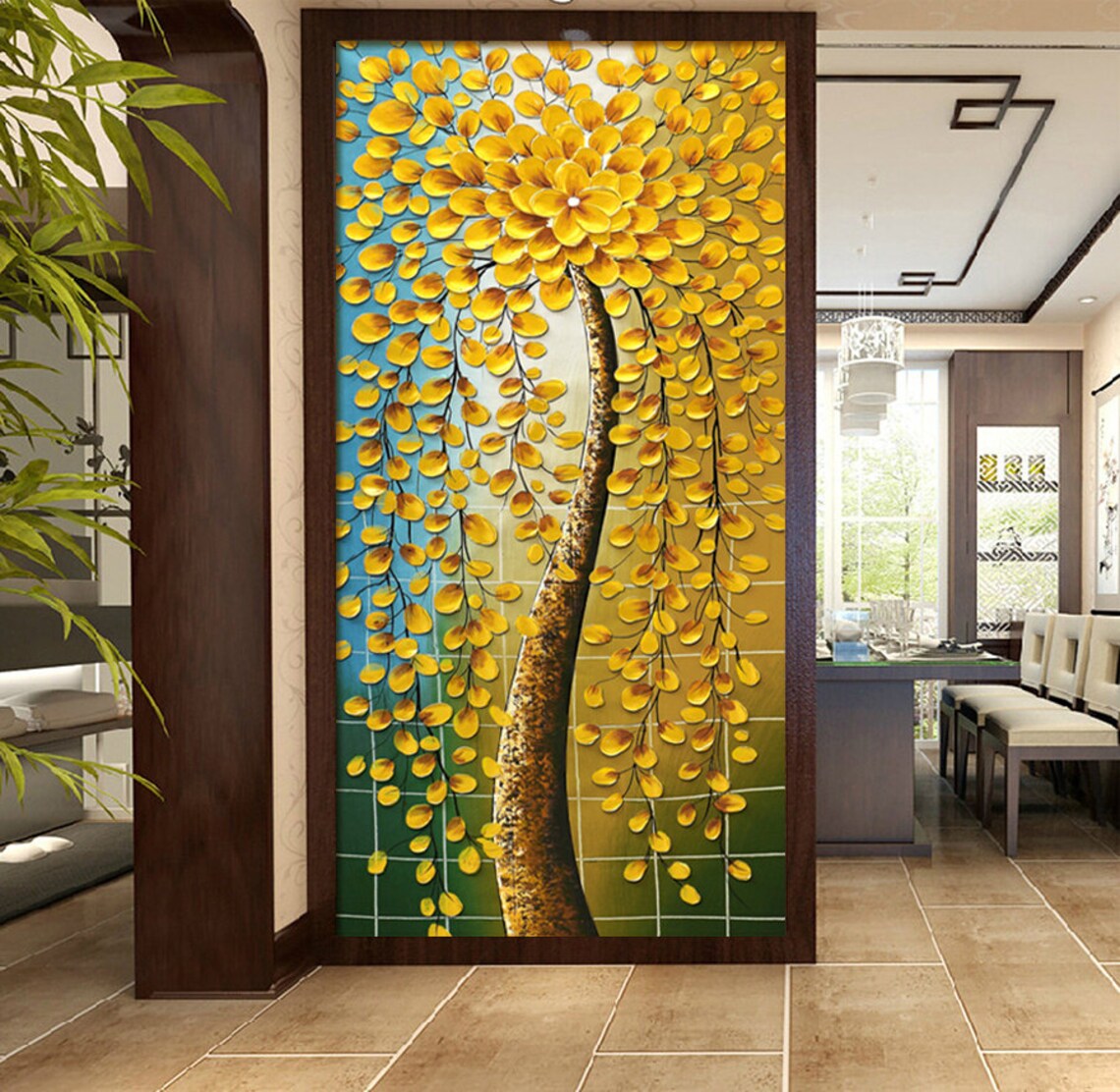 Golden Weeping Flower Tree With Curved Trunk Oil Paint Poster - Image 3