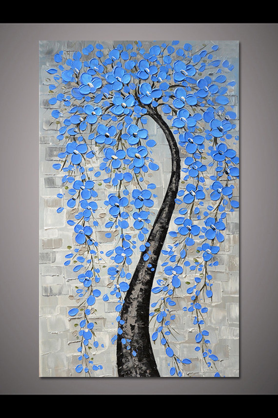 Blue Blossom Tree Cobalt Flowers Grey Impasto Vertical Poster - Image 2