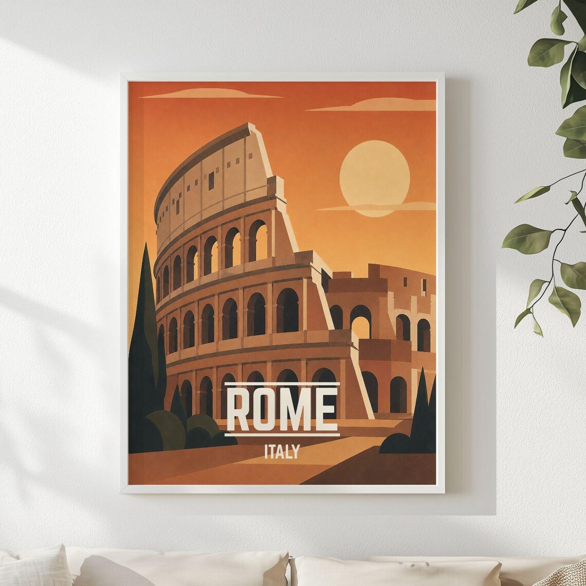 Rome Italy Vintage Travel Poster Colosseum Sunset Orange Retro Skyline