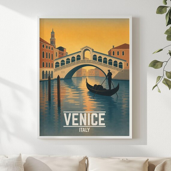 Venice Italy Vintage Travel Poster Rialto Bridge Gondola Sunset Canal