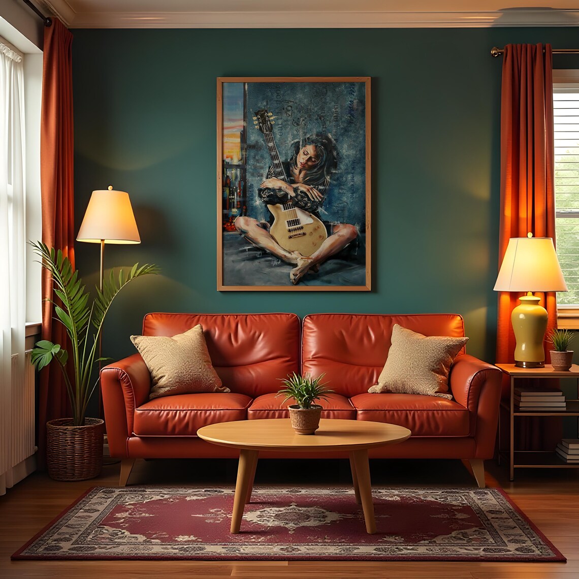 Woman With Electric Guitar Moody Blue Figurative Music Poster - Image 3