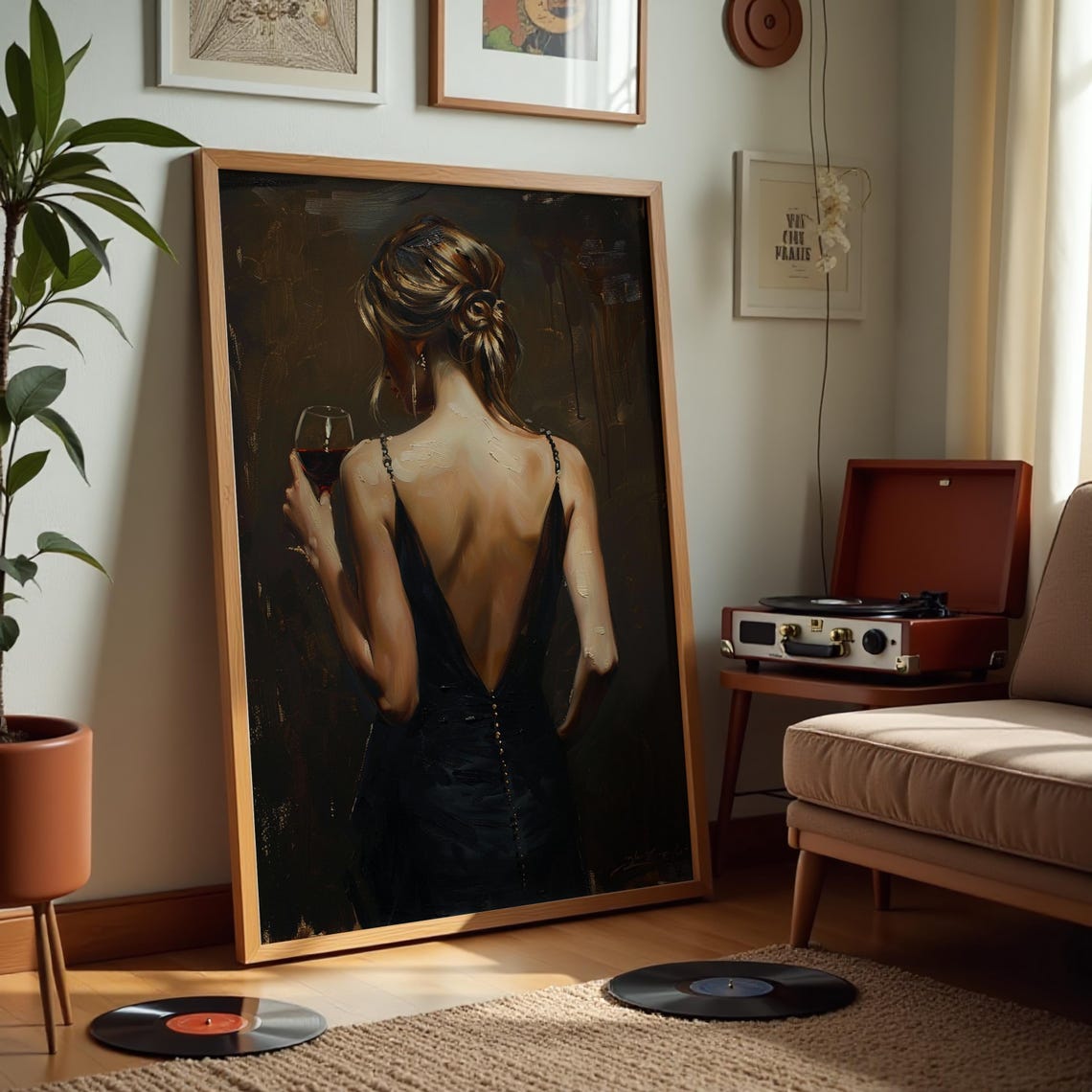 Elegant Woman In Black Gown Holding Wine Glass Romantic Evening Poster