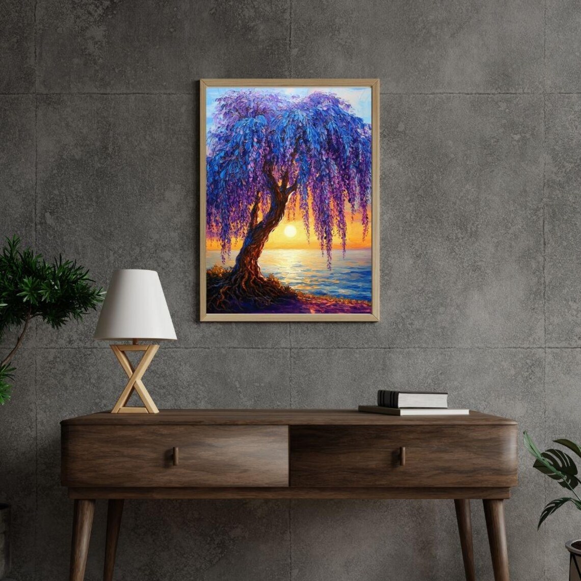 Vibrant Willow Tree Sunset Art Print Colorful Nature Landscape Painting Serene Lake And Tree Wall Decor - Image 2
