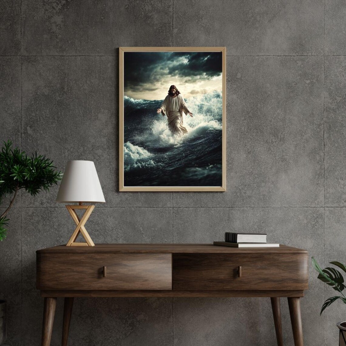 Jesus Christ Walking On Stormy Ocean Waves Dramatic Christian Faith Wall Poster - Image 3