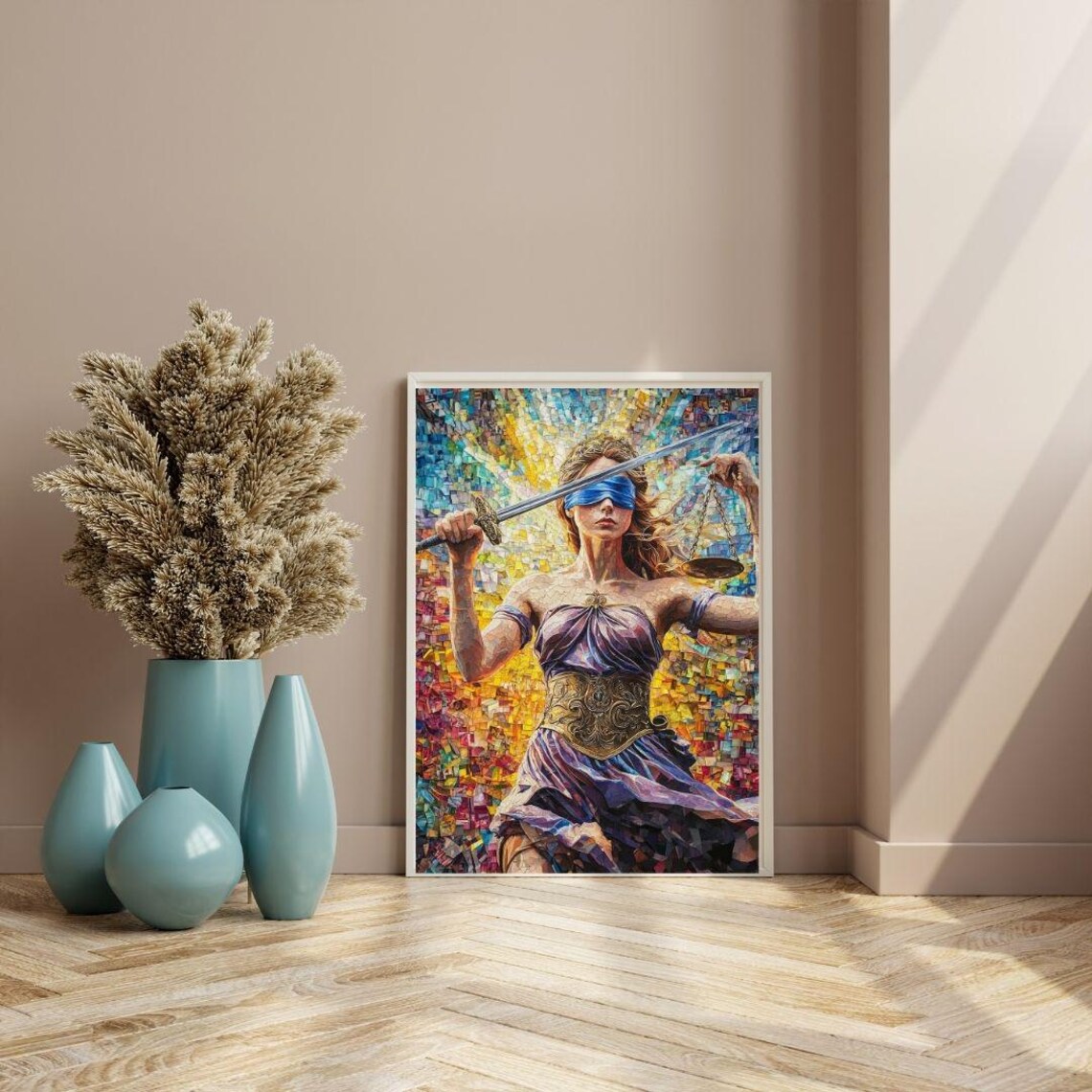 Colorful Mosaic Lady Justice With Sword Scales Mythology Goddess Wall Poster - Image 3