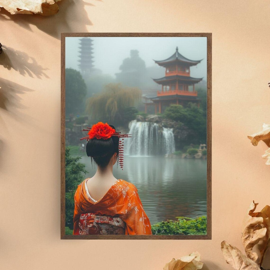 Geisha In Orange Kimono Japanese Pagoda Garden Waterfall Serene Art Poster - Image 3
