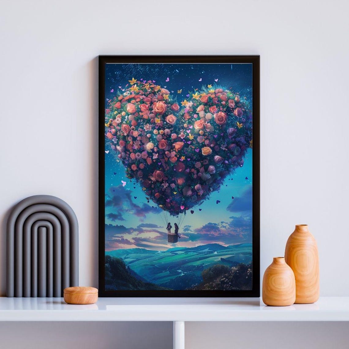 Heart Shaped Rose Hot Air Balloon Over Valley Romantic Gift Poster - Image 2