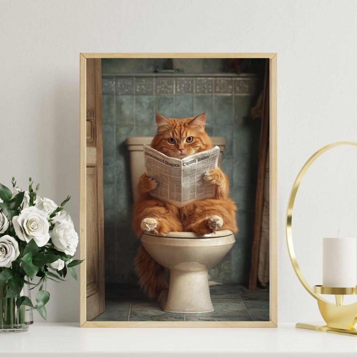 Funny Orange Cat Reading Newspaper On Toilet Humorous Bathroom Wall Poster - Image 3