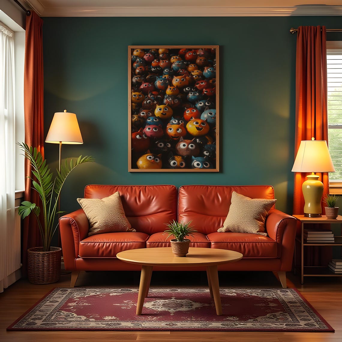 Colorful Round Cat Heads Crowd Cute Kitten Whimsical Art Poster - Image 3