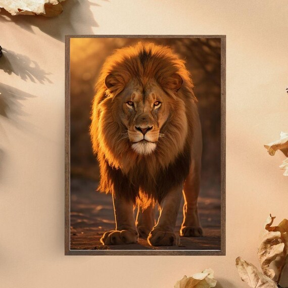Regal Lion Facing Forward With Golden Mane Powerful Wildlife Poster
