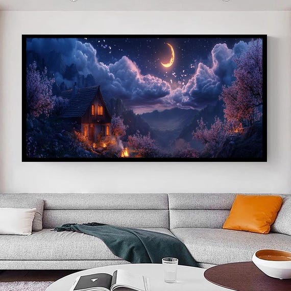 Enchanted Night Landscape Wall Art Cozy Cabin Under Crescent Moon Print Dreamy Starry Sky Bedroom Decor