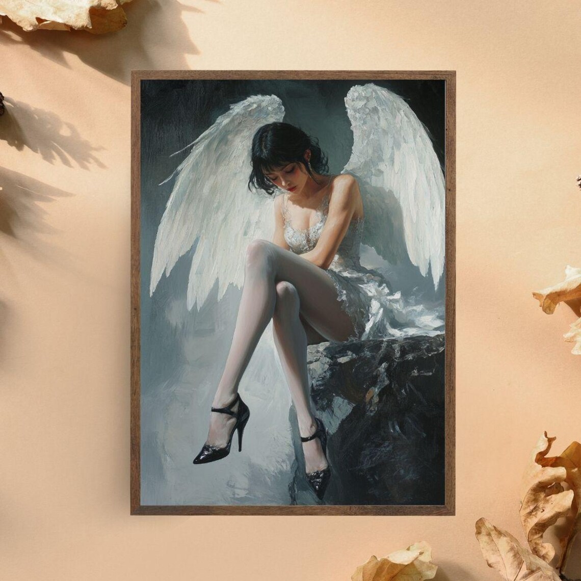 Melancholic Angel In White Dress Sitting Serene Winged Woman Art Poster - Image 3