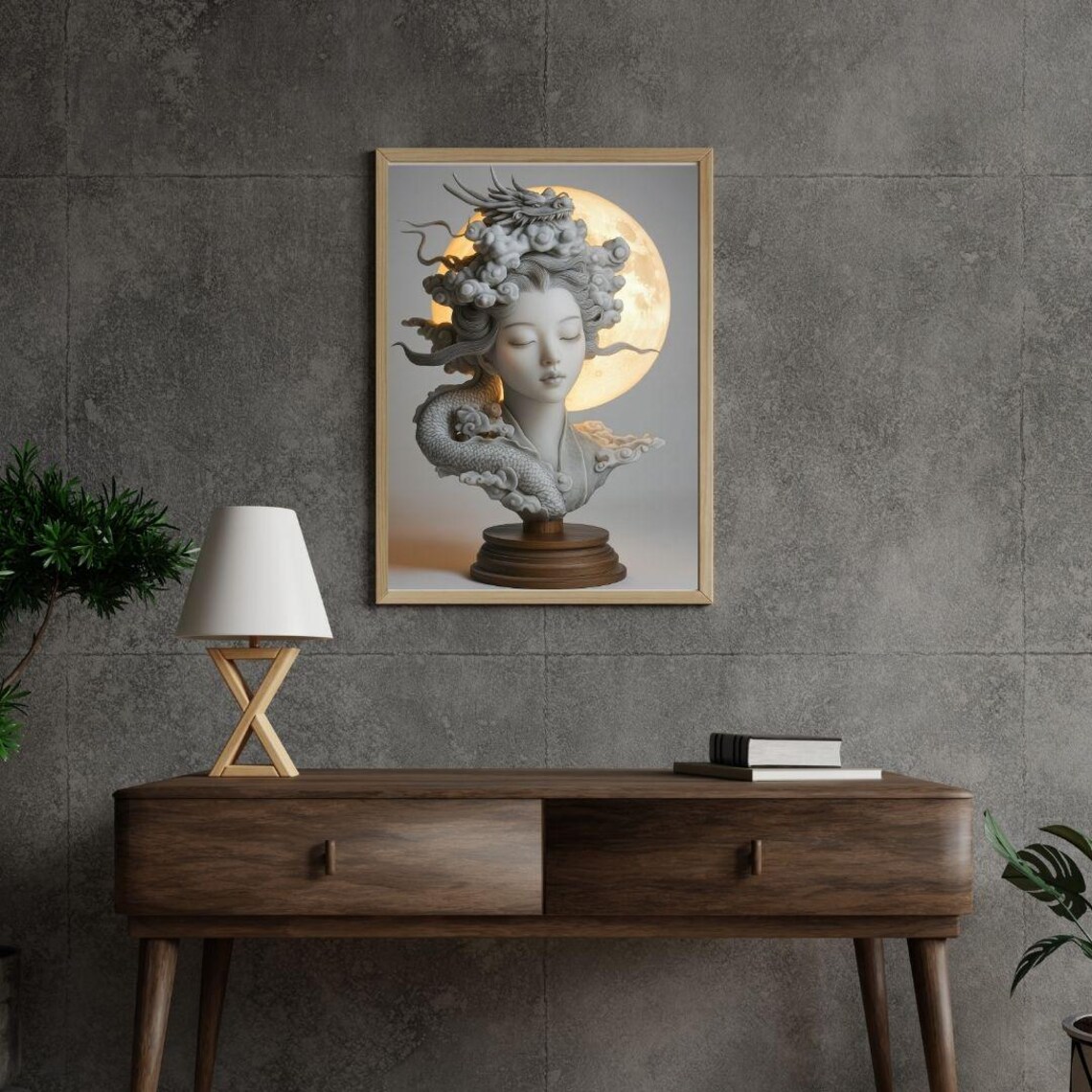 Ethereal Dragon Goddess Bust Sculpture With Moon Oriental Fantasy Poster - Image 2