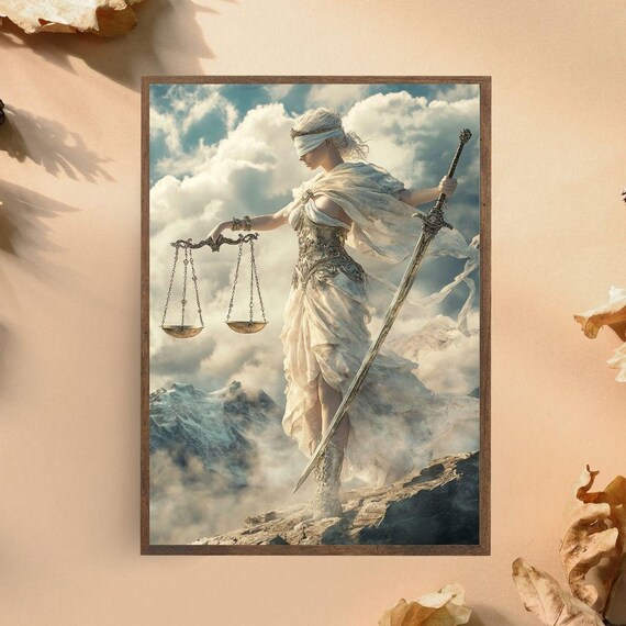 Lady Justice Majestic Goddess With Scales Sword On Mountain Peak Art Poster