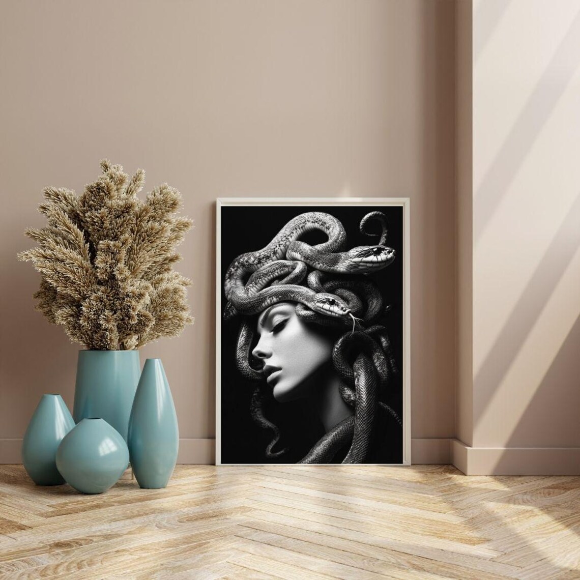 Medusa Side Profile Black And White Serpent Hair Mythology Art Poster - Image 3
